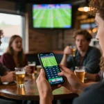 Person using mobile app to แทงบอล during live sports event with friends in a lively bar.