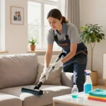 Professional cleaner performing wohnungsreinigung solothurn in bright and inviting living room, showcasing eco-friendly products and a warm atmosphere.