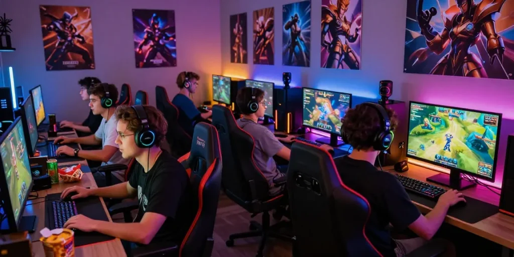 Players enjoying an exciting MMOO gaming session in a vibrant, immersive environment with gaming gear and energetic atmosphere.