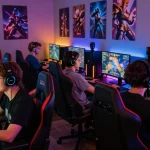 Players enjoying an exciting MMOO gaming session in a vibrant, immersive environment with gaming gear and energetic atmosphere.