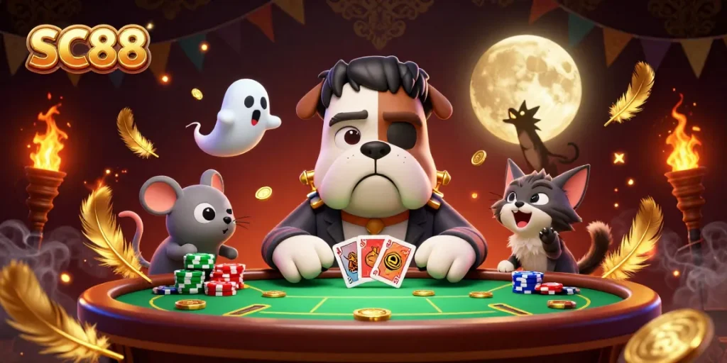 Engage with SC88 through a lively poker night scene featuring whimsical characters and festive ambiance.