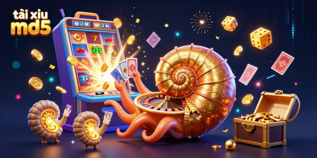 Engage with the dynamic scene of tài xỉu md5 featuring a glowing nautilus roulette, slot machine action, and vibrant casino elements.