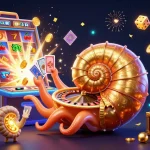 Engage with the dynamic scene of tài xỉu md5 featuring a glowing nautilus roulette, slot machine action, and vibrant casino elements.