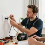 Elektrotechnik in Dortmund: Fachmann installiert moderne Smart-Home-Technologie mit hochwertigen Materialien.