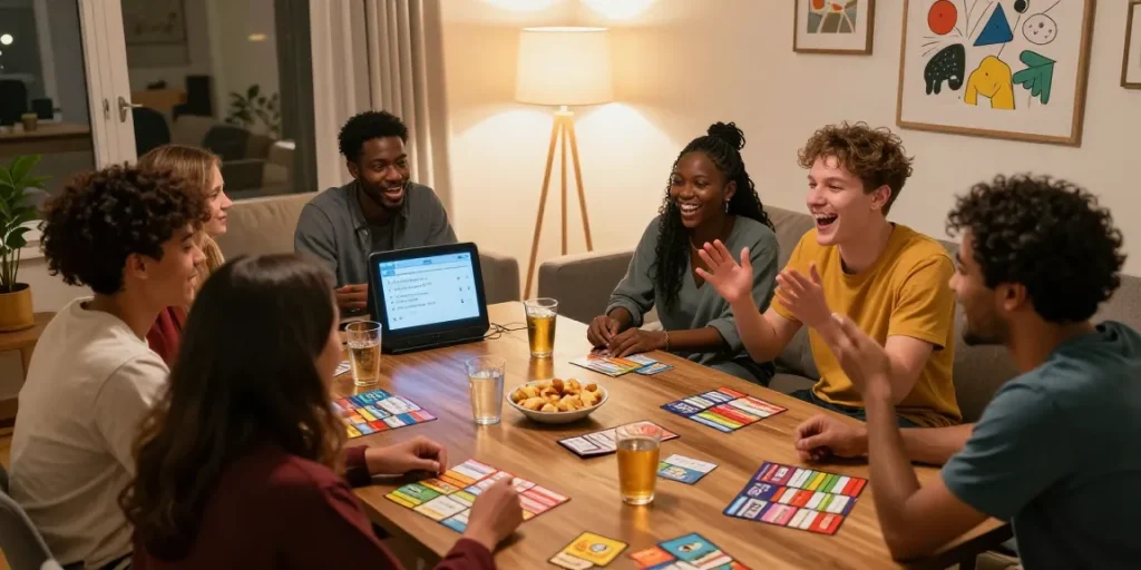Freunde beim Quiz Allgemeinwissen in einem gemütlichen Wohnzimmer mit bunten Fragen und Snacks.