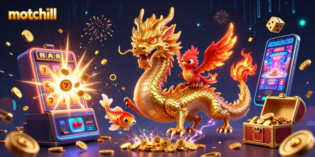 Play exciting casino games on motchill with golden dragons, coins, and a vibrant slot machine backdrop.