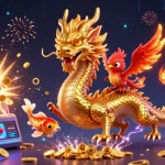Play exciting casino games on motchill with golden dragons, coins, and a vibrant slot machine backdrop.