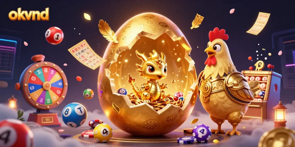 Engage with okvnd's thrilling world of gaming and rewards in a vibrant 3D casino scene.