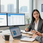 Präsentation von Microsoft Office 2024 ohne Abo als Dauerlizenz sichern in einem modernen Büro mit Kollegen.