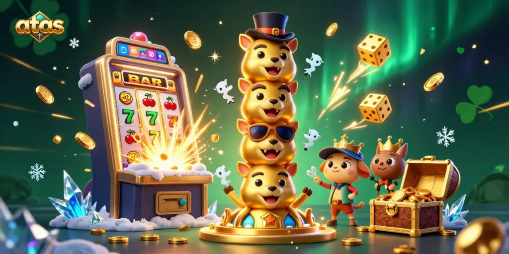 Experience thrilling gaming at atas casino with a vibrant 3D illustration featuring a golden totem, slot machine, and exciting casino elements.
