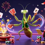 S8 casino scene with a giant praying mantis card sharp and ladybug pit boss engaged in thrilling gaming activities.