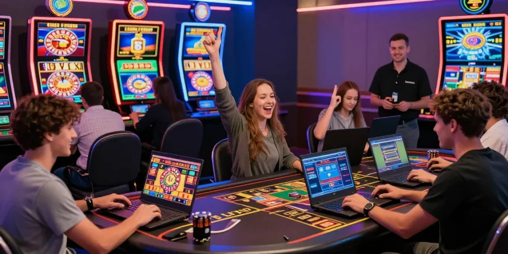 Spieler feiern ihren Gewinn im Beef Casino mit verschiedenen Casinospielen und einer lebhaften Atmosphäre.