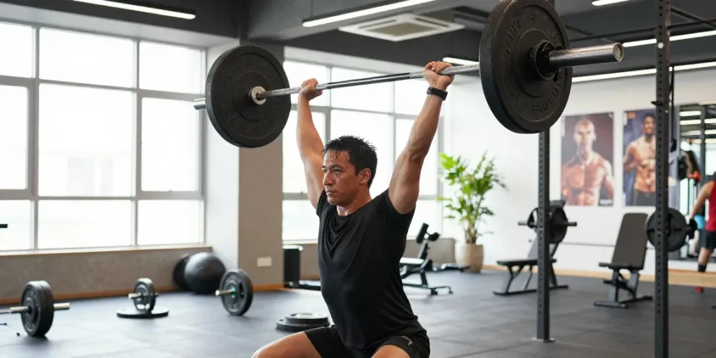Aktiver Athlet im Astera Shop während des Trainings mit einer Langhantel in einem modernen Fitnessstudio.