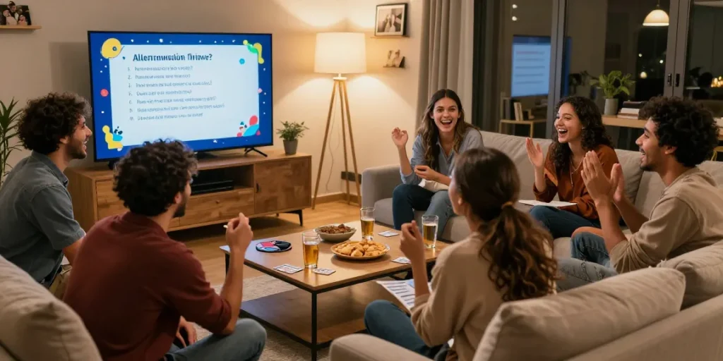 Friends enjoying a quiz Allgemeinwissen night in a cozy living room.