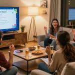 Friends enjoying a quiz Allgemeinwissen night in a cozy living room.