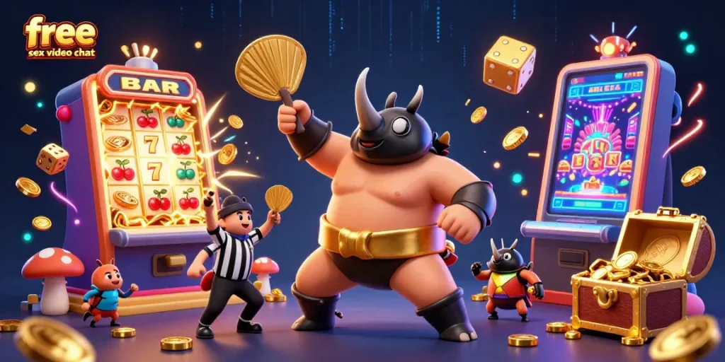 Experience free sex video chat with an exciting 3D casino illustration of vibrant characters and dynamic gaming elements.