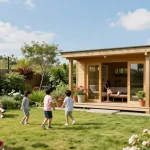 Gartenhaus kaufen: Familie entspannt um ihr neues Holz-Gartenhaus im blühenden Garten.