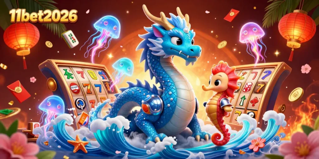 Engage with 11bet2026 in this vibrant casino scene featuring a water dragon and colorful game elements.