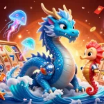 Engage with 11bet2026 in this vibrant casino scene featuring a water dragon and colorful game elements.