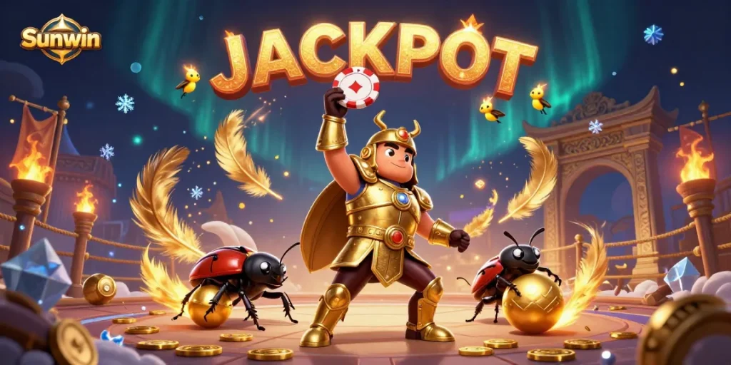 Sunwin features a victorious beetle character in a dynamic casino scene celebrating a jackpot win with gold tokens and sparkling effects.