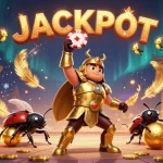 Sunwin features a victorious beetle character in a dynamic casino scene celebrating a jackpot win with gold tokens and sparkling effects.
