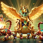 Experience the excitement of Keluaran Hk with a dynamic scene of a golden scarab beetle and slot machine bursting with coins.