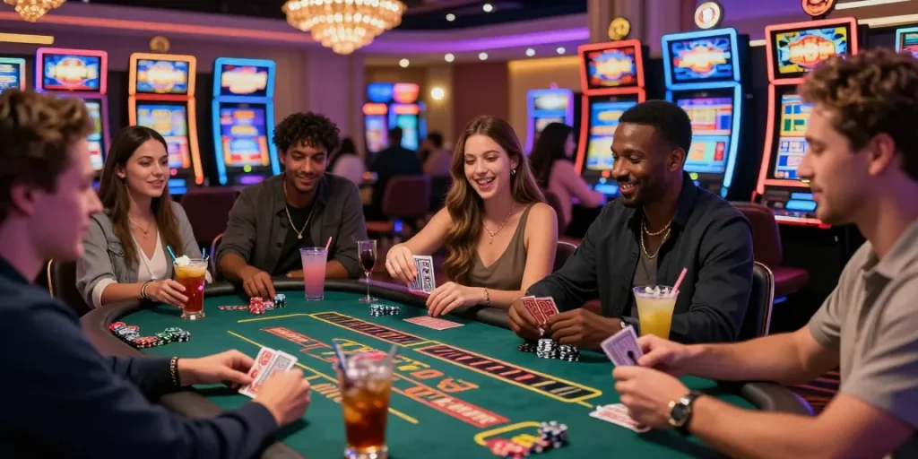 Exciting gaming experience at credit card casinos with friends at colorful slot machines and live dealer tables.