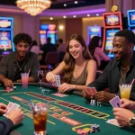 Exciting gaming experience at credit card casinos with friends at colorful slot machines and live dealer tables.
