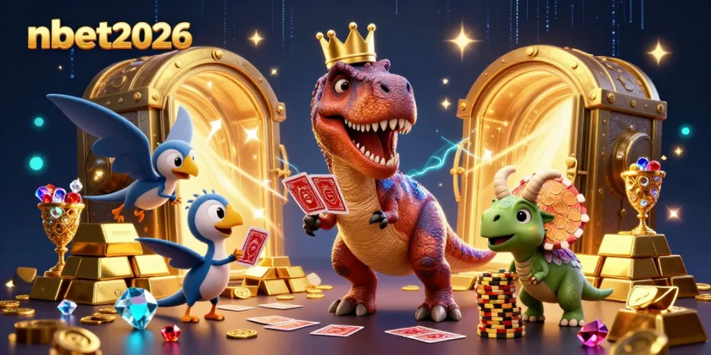Experience the excitement of nbet2026 as a charming T-Rex shuffles cards amidst dazzling casino treasures.