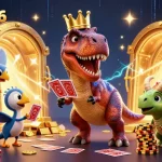 Experience the excitement of nbet2026 as a charming T-Rex shuffles cards amidst dazzling casino treasures.