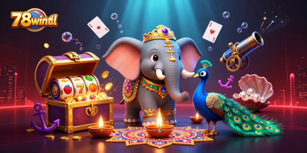 Experience vibrant gaming action at 78wintl with a captivating 3D illustration featuring an elephant and exciting slots.