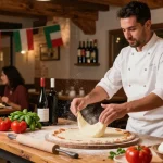 Authentic Italian dining experience showcasing pg soft pizza preparation and warm ambiance.