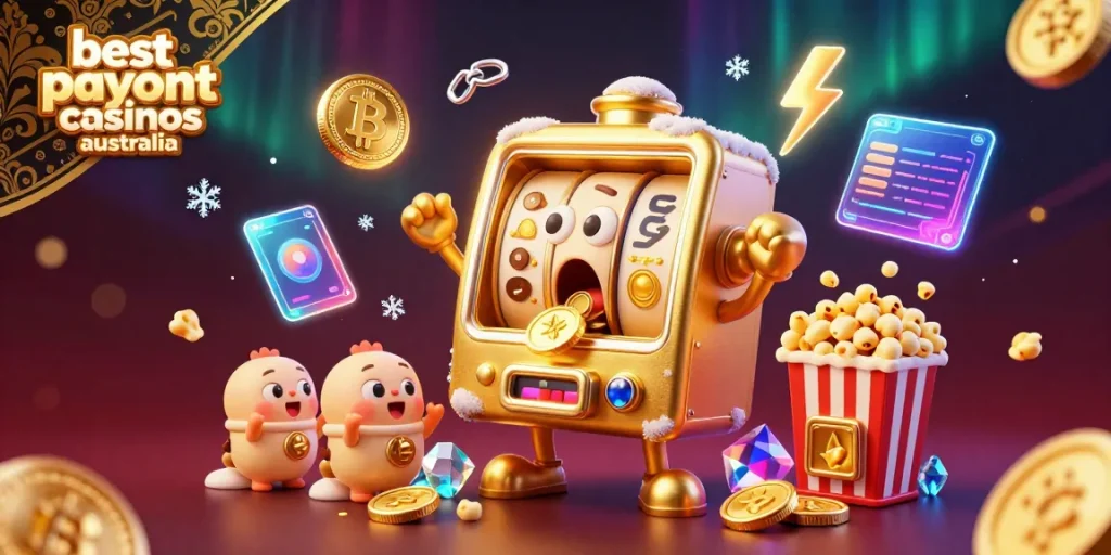 Experience the thrill of the best payout casinos Australia with animated slot themes and coins pouring from jackpots.