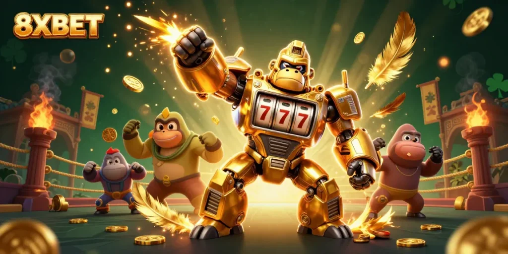 Engage with 8XBET's vibrant 3D illustration showcasing a golden gorilla mech and dynamic casino themes.