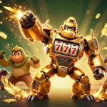 Engage with 8XBET's vibrant 3D illustration showcasing a golden gorilla mech and dynamic casino themes.