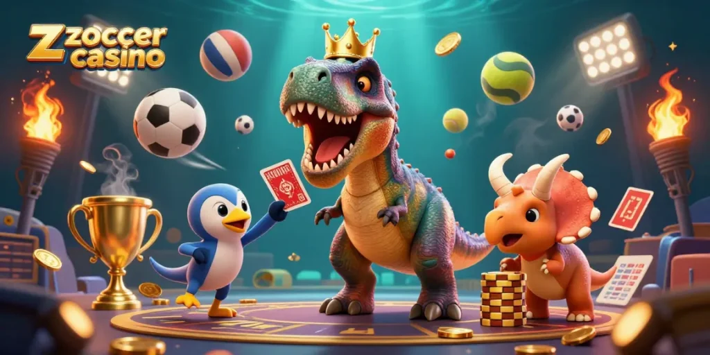 Engage with the zoccer casino in a vibrant 3D illustration featuring dynamic characters and gaming elements.