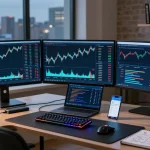 Hitpaw Edimakor auf moderner Kryptowährungs-Handelsoberfläche in einem eleganten Büro mit Bitcoin- und DeFi-Daten.