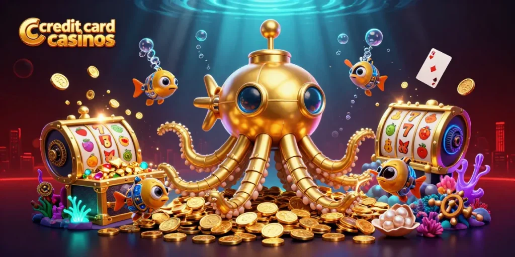 Experience thrilling gameplay at credit card casinos with a whimsical underwater scene featuring golden treasures and lively characters.