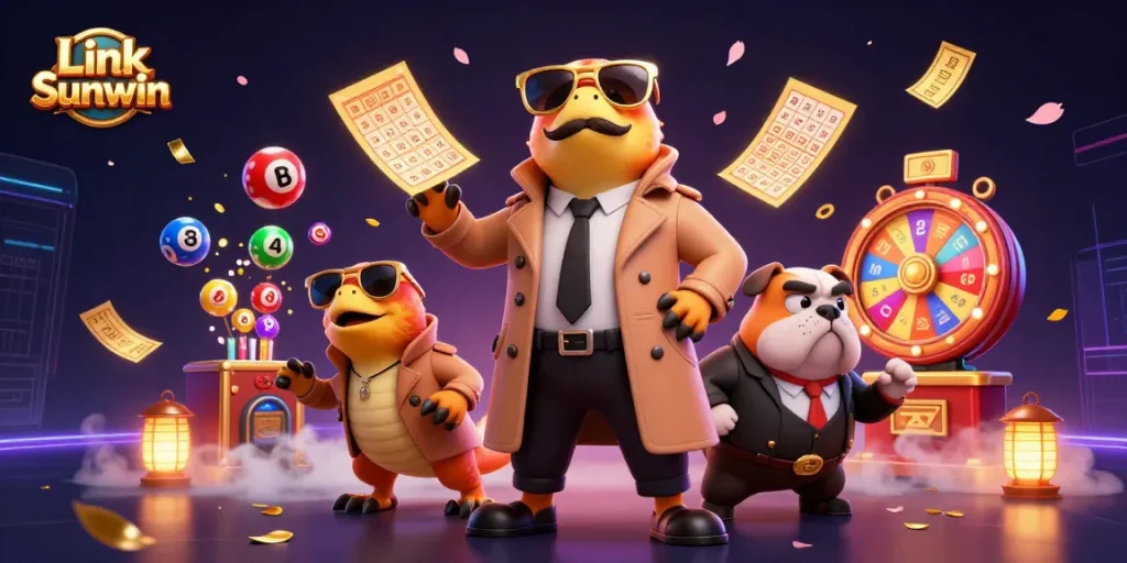 Engage in thrilling gaming excitement with Link Sunwin, featuring raptors in a trench coat entering a casino.