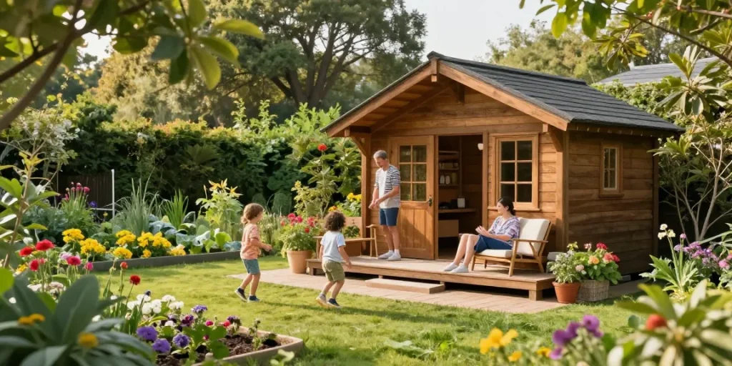Wunderschönes Gartenhaus Holz eingerahmt von bunten Pflanzen und glücklichen Familien, die den Außenbereich genießen.