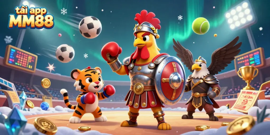 Tải app MM88 for seamless gaming experience with dynamic illustrations of gladiator rooster, tiger cub, and eagle in an action-packed arena.