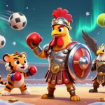 Tải app MM88 for seamless gaming experience with dynamic illustrations of gladiator rooster, tiger cub, and eagle in an action-packed arena.