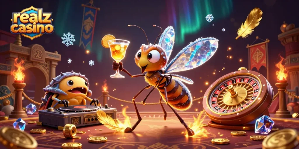 Experience the excitement of realz casino with an animated scene of lively characters and vibrant elements.
