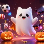 Bet dynamically with VSBET while enjoying floating ghost cat and glowing gambling elements.