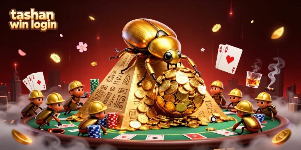 Tashan win login scene with a golden beetle amidst casino elements, showcasing game excitement.