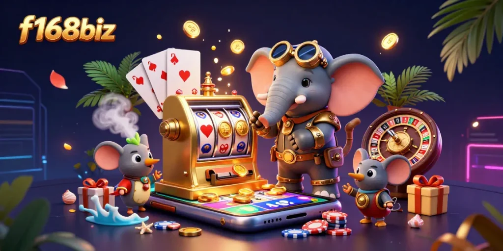 Experience vibrant gameplay with f168biz as a steampunk elephant operates a golden slot machine bursting with coins.
