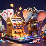 Experience vibrant gameplay with f168biz as a steampunk elephant operates a golden slot machine bursting with coins.