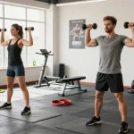 Fitness-Enthusiasten bei Deus Medical im modernen Fitnessstudio, die gemeinsam Gewichte heben.