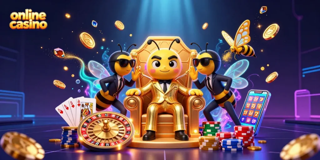 Experience thrilling action in this online casino illustration featuring a bumblebee mob boss and casino games.