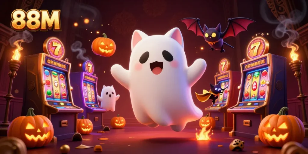 Experience the excitement of 88M with a ghostly cat and bat in a vibrant haunted casino scene.